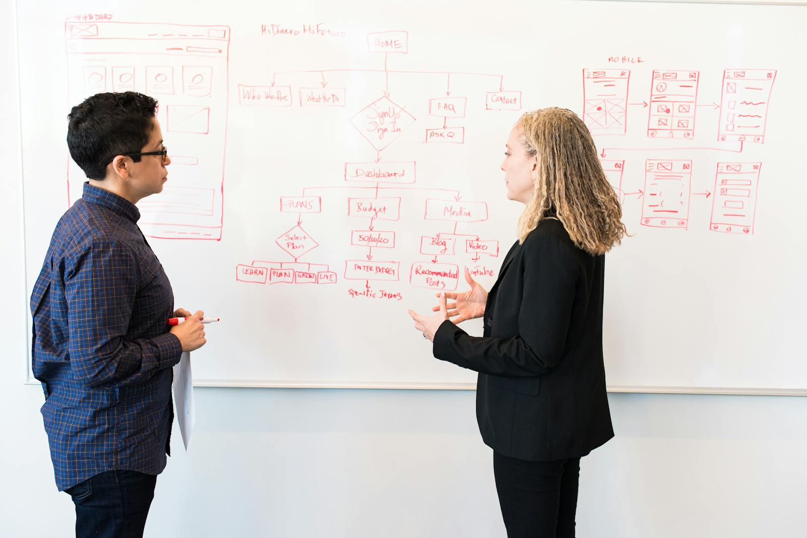 Photo by Christina Morillo Two professionals brainstorming digital marketing ideas on a whiteboard.